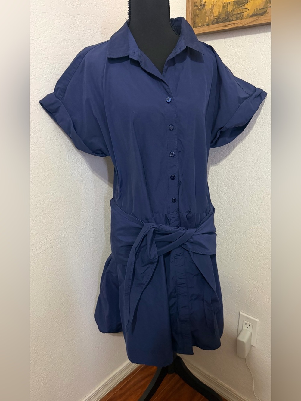 Finley Tie Waist Navy Button-Front Shirt Dress- Size L